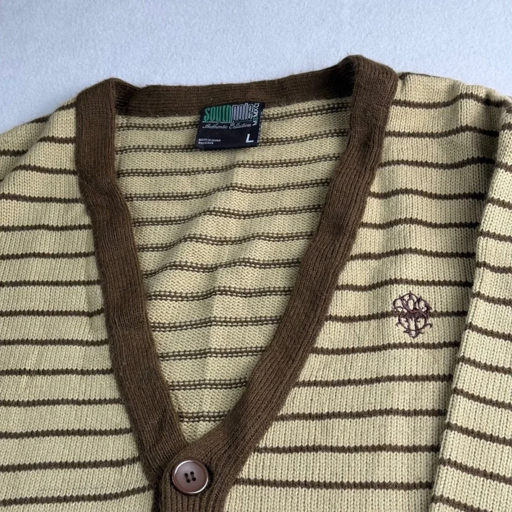 Southpole Mens Striped Knit Cardigan Sweater Brown Tan V-Neck Button Front Large